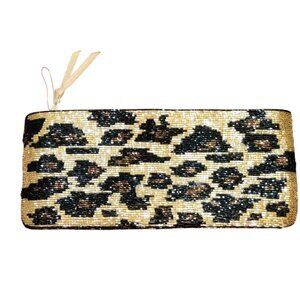 Neiman Marcus Womens Clutch Gold Black Brown Beaded Clutch Leopard Vintage Bag